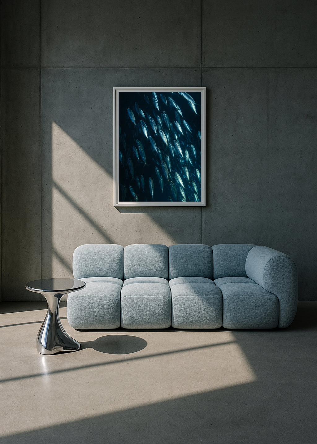 blue-silver school of fish forming a spiral underwater, photographed in pico, azores 2022