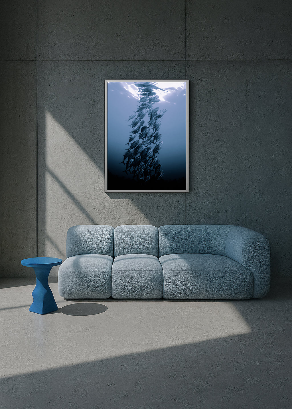 underwater fish school rising toward surface – the ascent by skiy – costa rica 2021 – her sky visual series